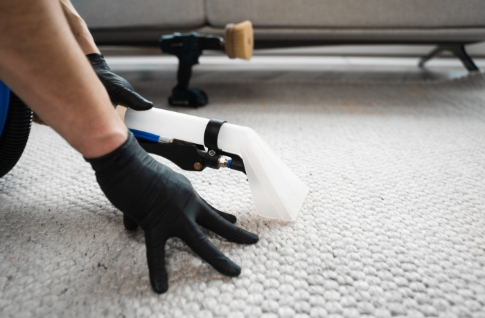 Using extractor to wash off the carpet from dust and stains. Extractor washing of carpet. Cleaner is using extractor to clean the carpet at home